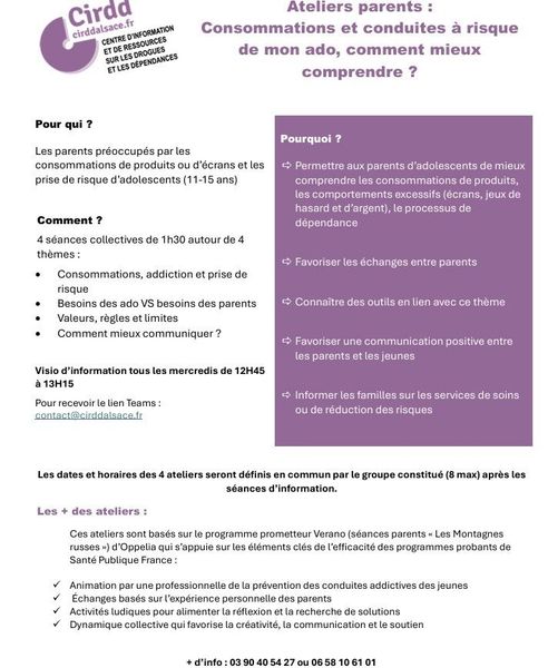 CIRDD - Ateliers parents :   Consommations et conduites à risque  de mon ado, comment mieux  comprendre ? 