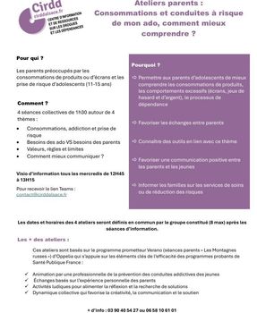 CIRDD - Ateliers parents :   Consommations et conduites à risque  de mon ado, comment mieux  comprendre ? 